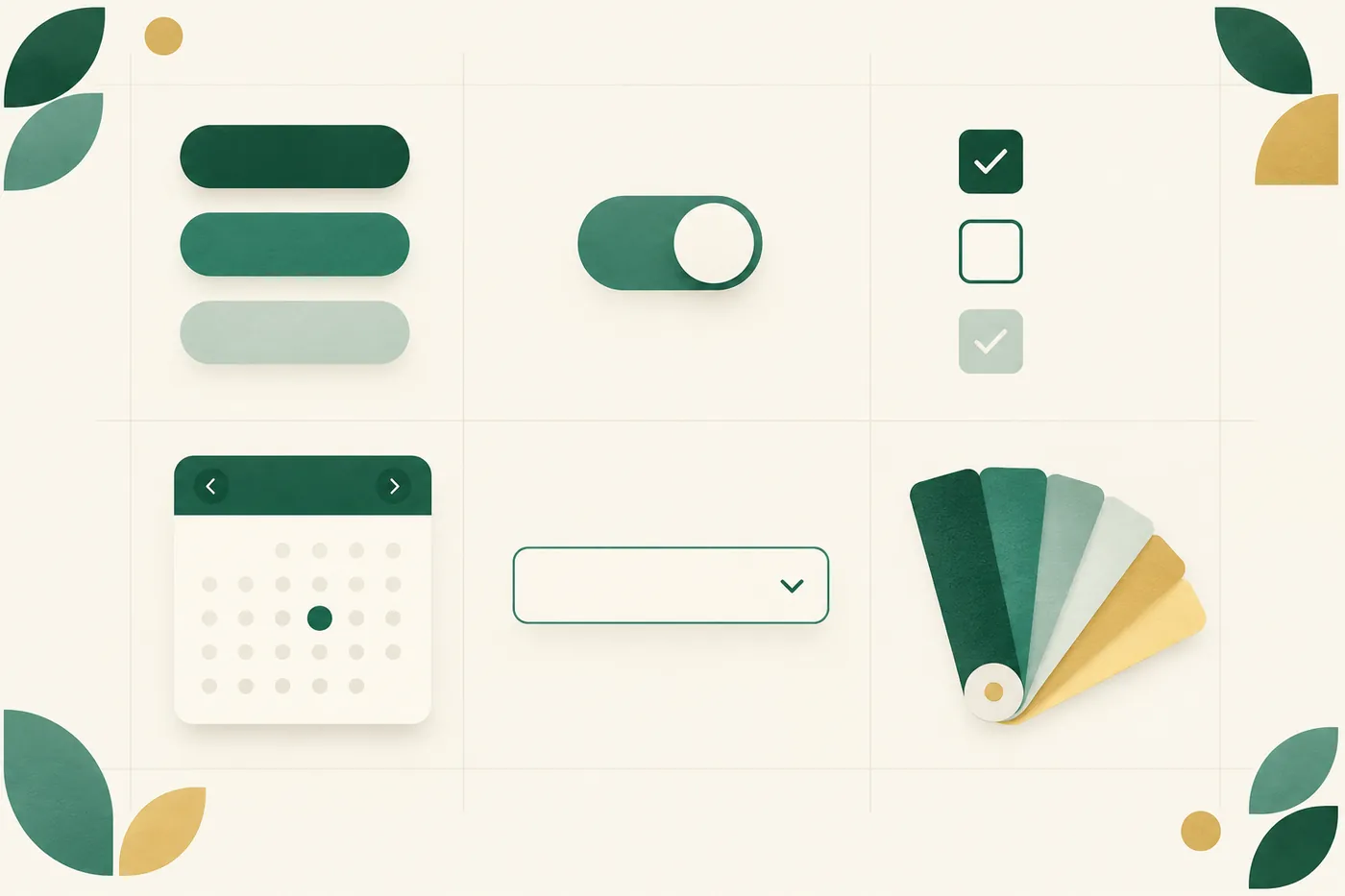Illustration einer UI-Komponentenbibliothek mit Buttons, Schalter, Checkboxen, Datepicker, Dropdown und Farbfächer in Grün- und Goldtönen