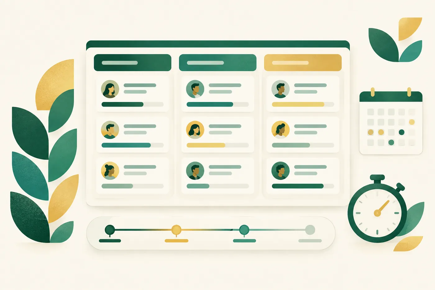 Illustration eines aufgeräumten Kanban-Boards mit Aufgabenkarten, einer Roadmap-Zeitleiste, einem Kalender und einer Stoppuhr