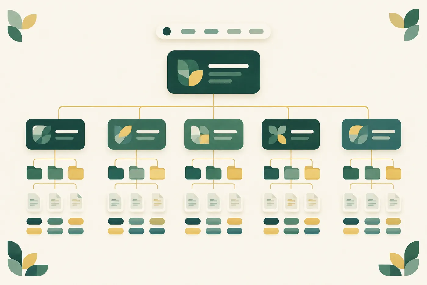Illustration einer Intranet-Struktur: ein zentraler Hub, verbunden mit mehreren Websites, Ordnern, Dokumenten und Metadaten-Tags