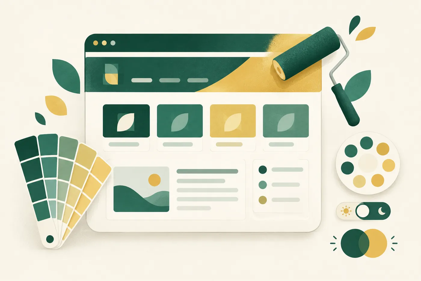 Illustration eines Browserfensters mit Intranet-Seite, die mit einer Farbrolle in Grün und Gold eingefärbt wird, daneben Farbfächer und Hell-Dunkel-Schalter