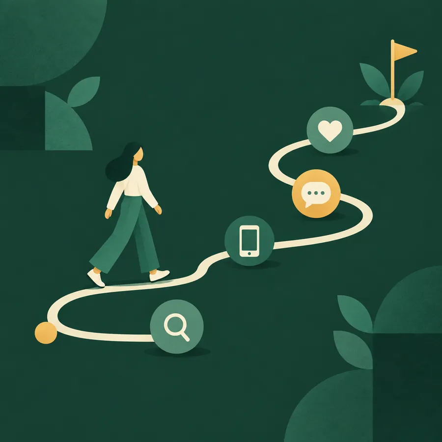 Illustration: Eine Person folgt einem geschwungenen Weg mit Stationen wie Suche, Smartphone, Nachricht und Herz bis zu einer goldenen Zielflagge